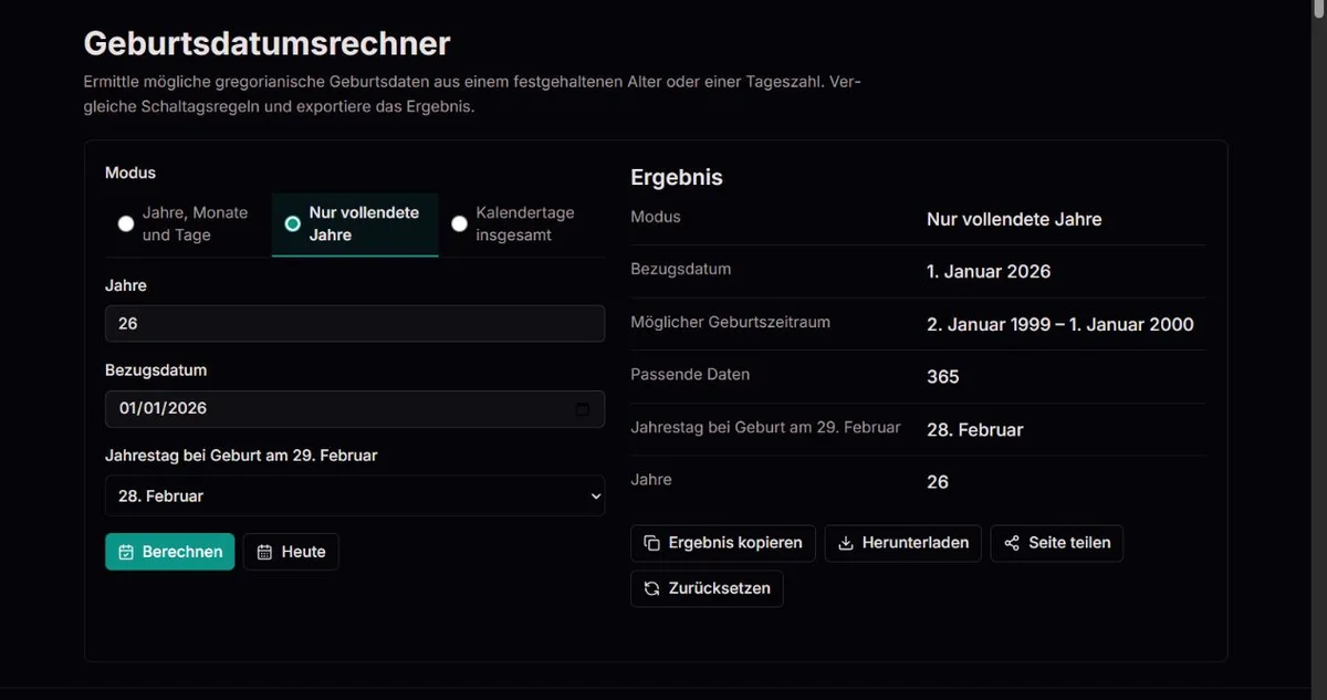 Ein Alter von 26 Jahren ergibt 365 mögliche Geburtsdaten