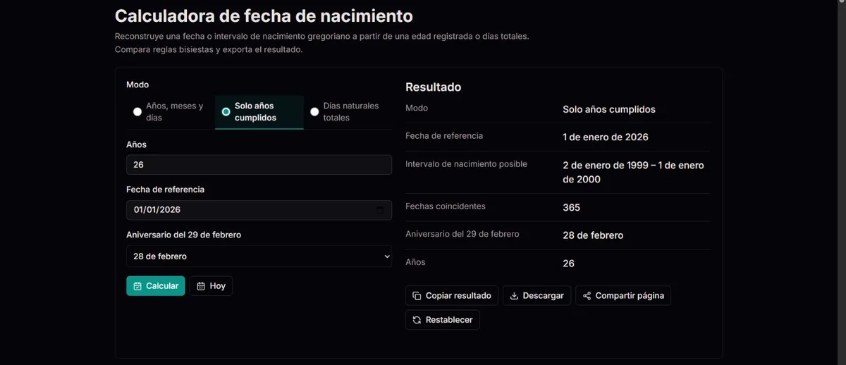 Una edad registrada de 26 años da 365 fechas de nacimiento posibles