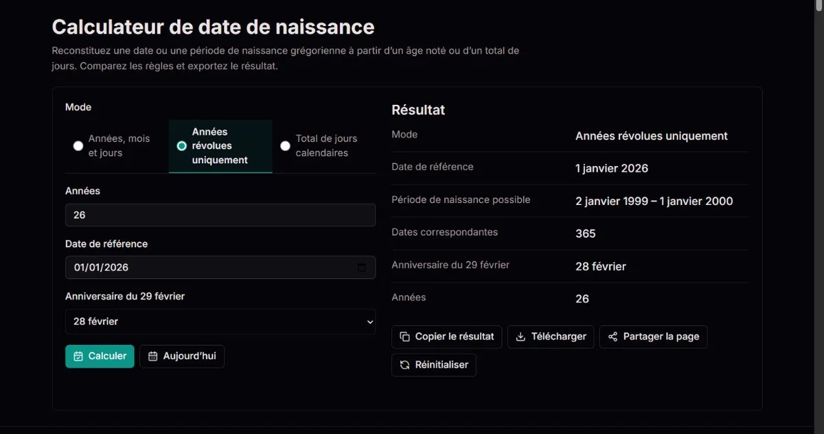 Un âge déclaré de 26 ans donne 365 dates de naissance possibles