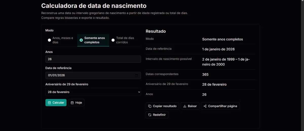 Uma idade registrada de 26 anos resulta em 365 datas de nascimento possíveis