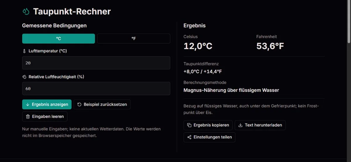 Taupunkt-Beispiel bei 20°C und 60% relativer Luftfeuchtigkeit