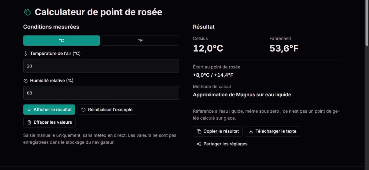Exemple de point de rosée à 20°C et 60% d’humidité relative