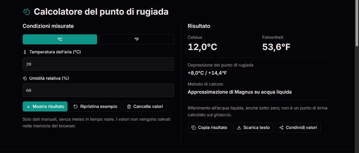 Esempio di punto di rugiada a 20°C e umidità relativa del 60%