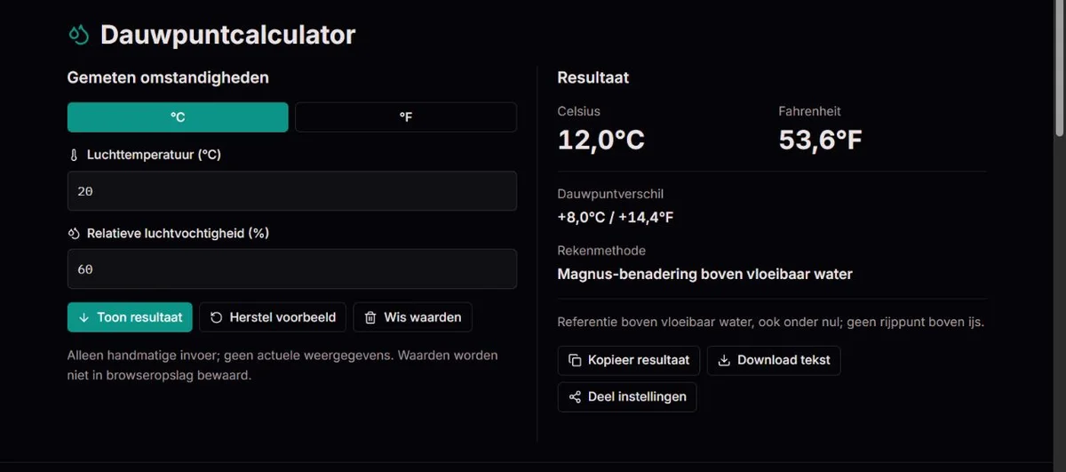 Voorbeeld van het dauwpunt bij 20°C en 60% relatieve luchtvochtigheid