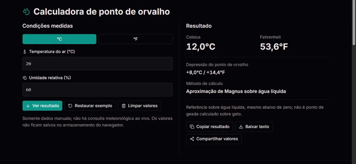Exemplo de ponto de orvalho com 20°C e 60% de umidade relativa