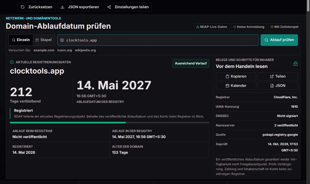 Öffentliche Registrierungsabfrage für clocktools.app mit Datums- und Statusfeldern