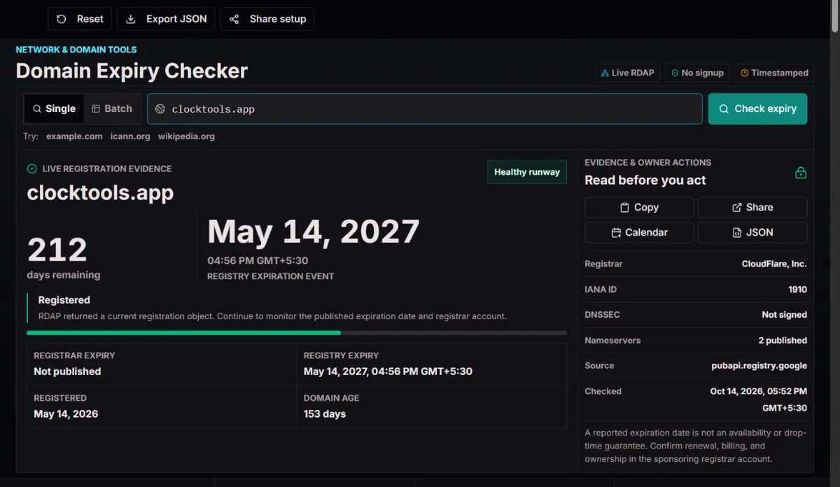 Public registration lookup for clocktools.app with date and status fields