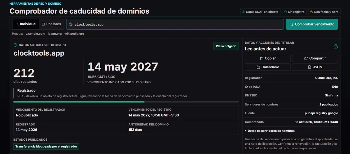 Consulta pública de clocktools.app con fechas y estados del registro
