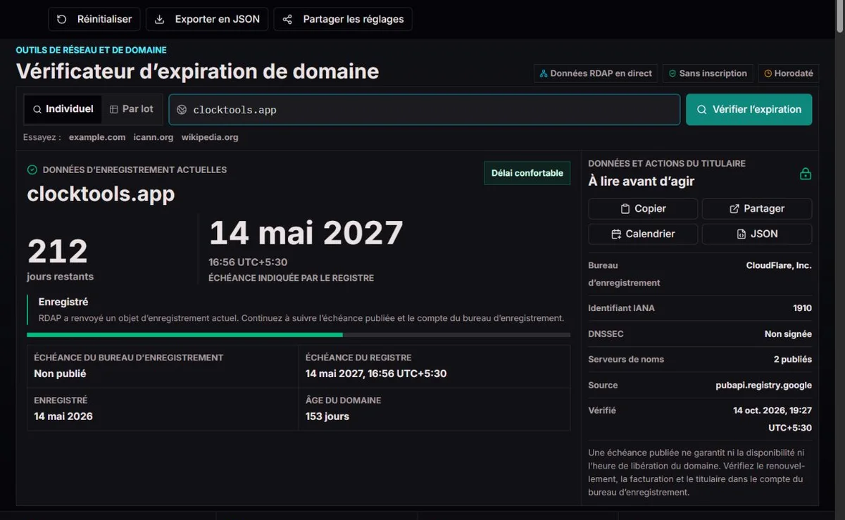 Consultation publique de clocktools.app avec dates et statuts d’enregistrement