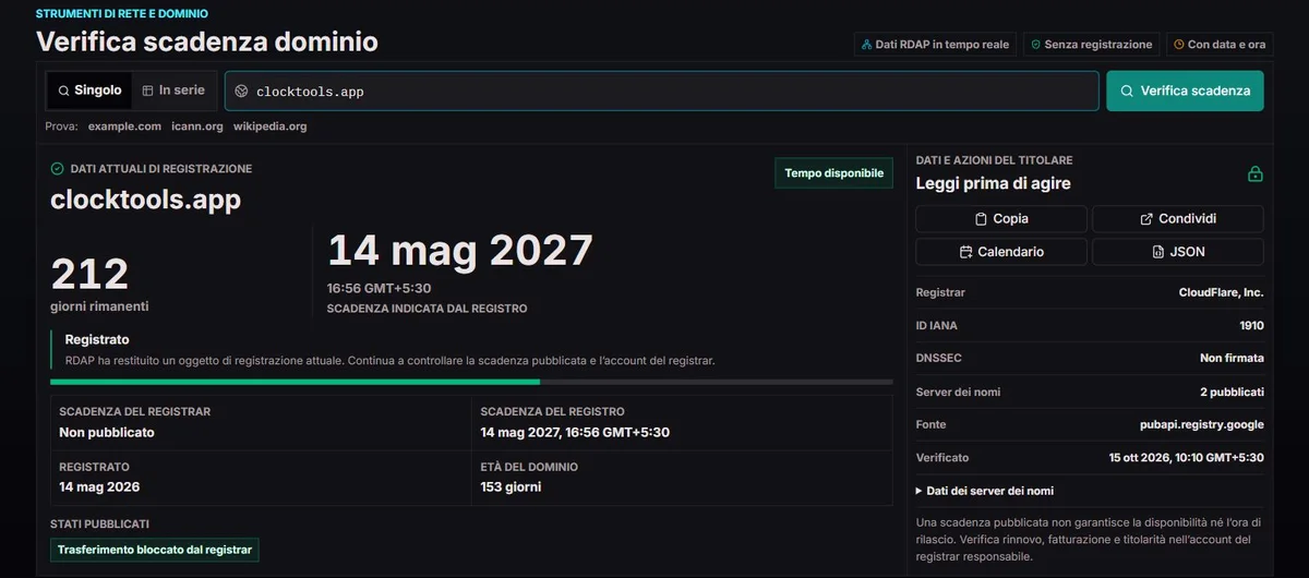 Consultazione pubblica di clocktools.app con date e stati di registrazione