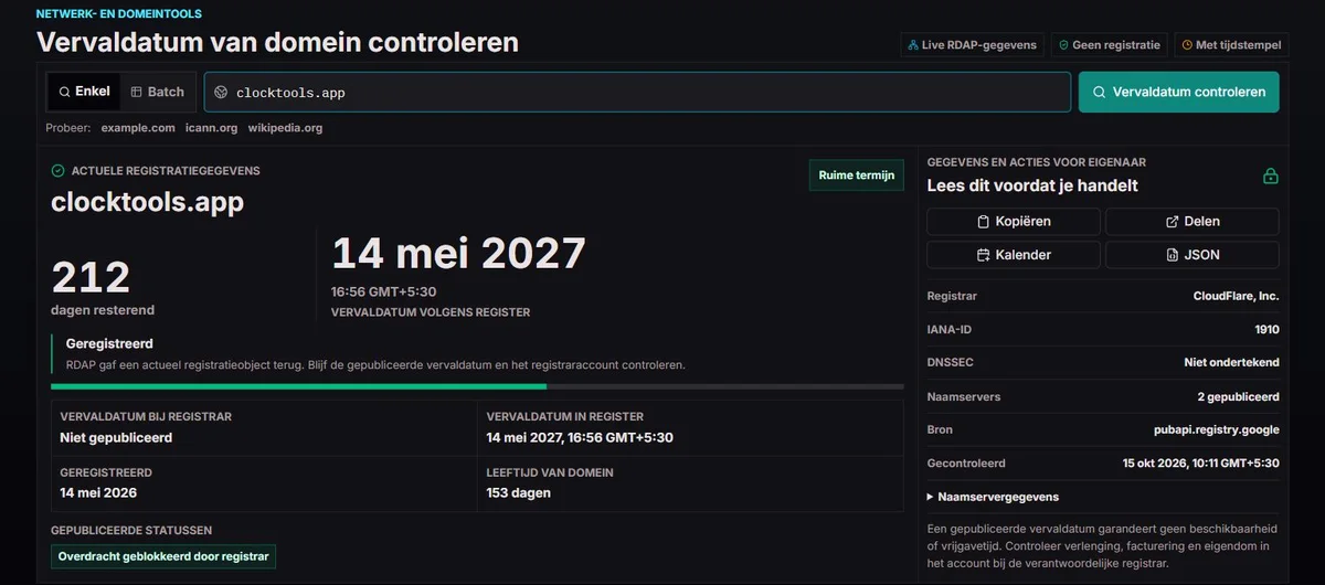 Openbare registratiecontrole voor clocktools.app met datums en statussen