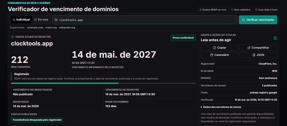 Consulta pública de clocktools.app com datas e status do registro