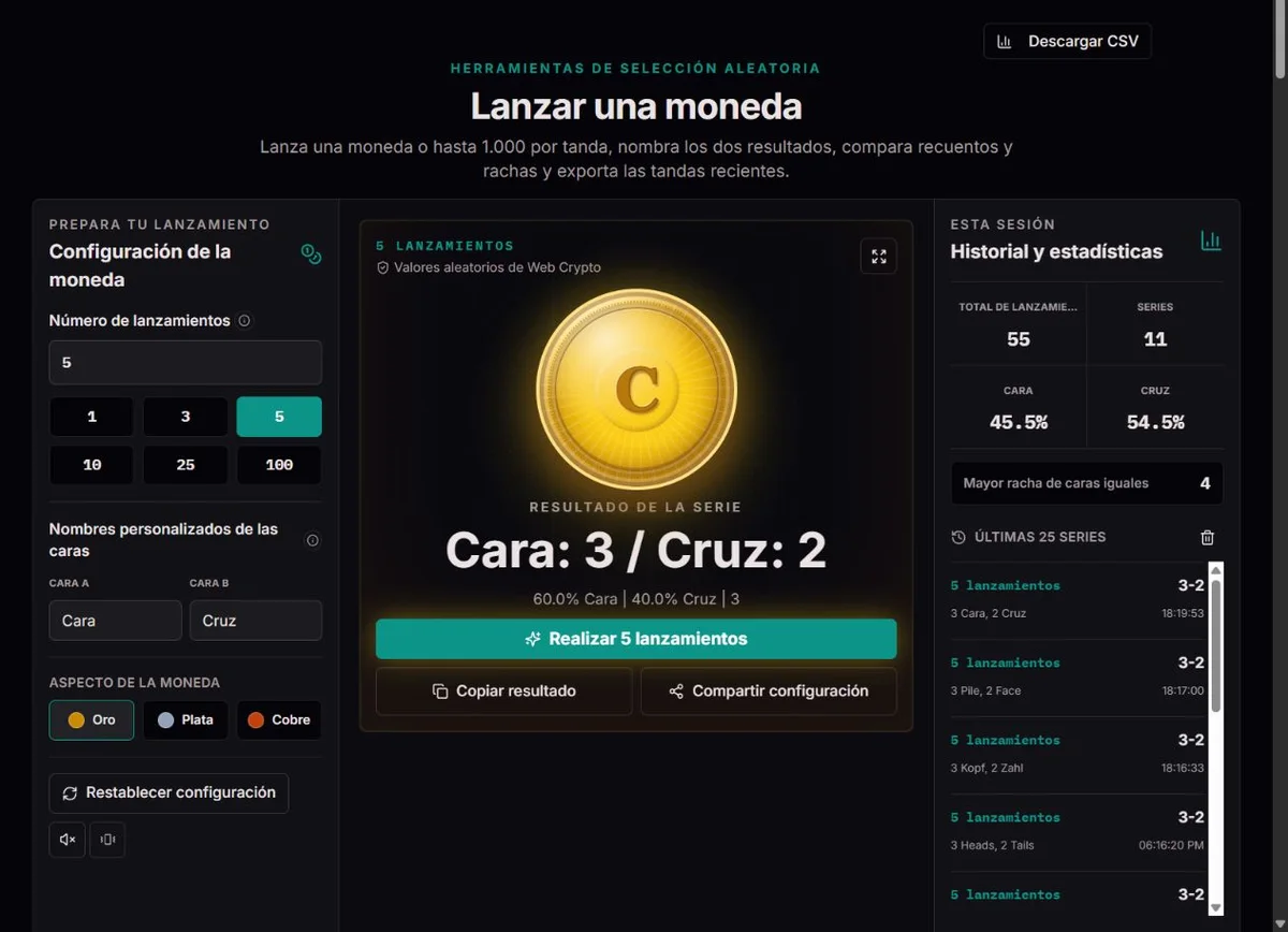 Lote de cinco lanzamientos de moneda con recuentos de cara y cruz