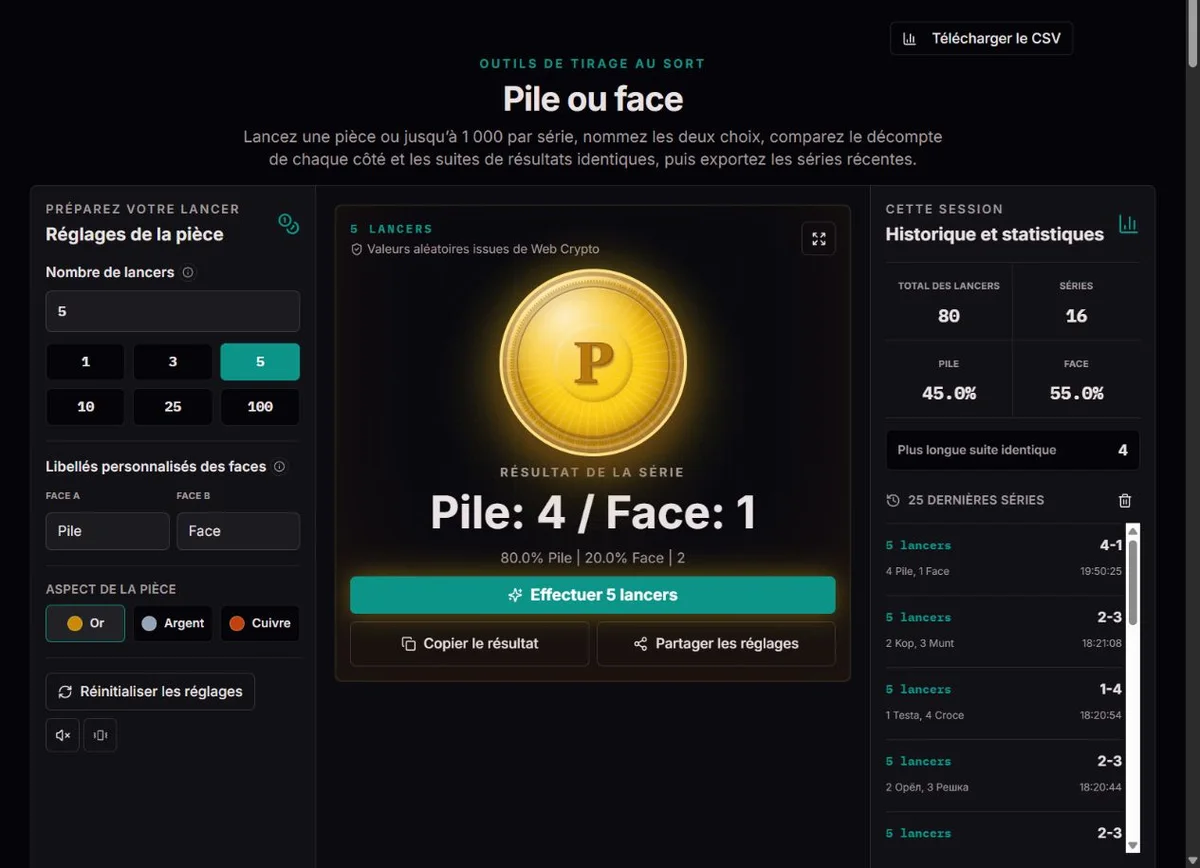 Série de cinq lancers de pièce avec décomptes pile et face