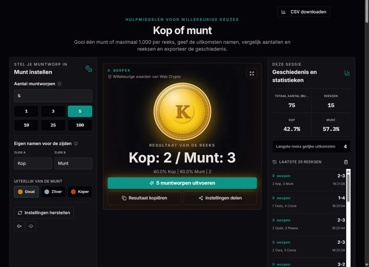 Reeks van vijf muntworpen met aparte aantallen kop en munt