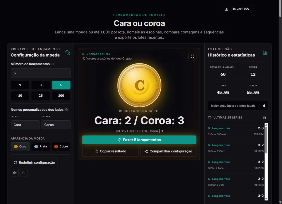 Lote de cinco lançamentos de moeda com contagens de cara e coroa