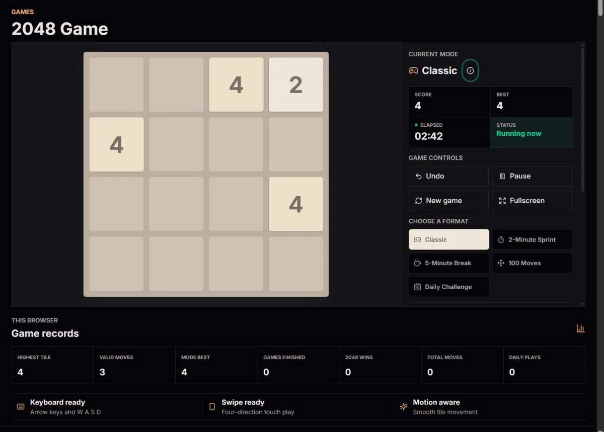 Early classic 2048 board with numbered tiles and open cells
