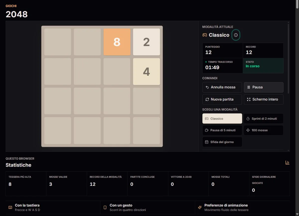 Inizio di una partita classica di 2048 con tessere numerate e celle libere