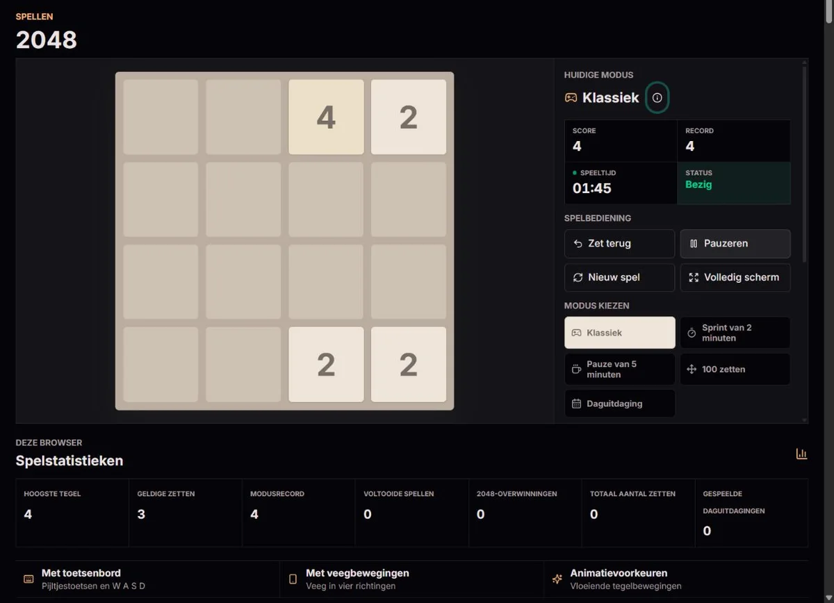 Vroege klassieke 2048-positie met genummerde tegels en lege vakken