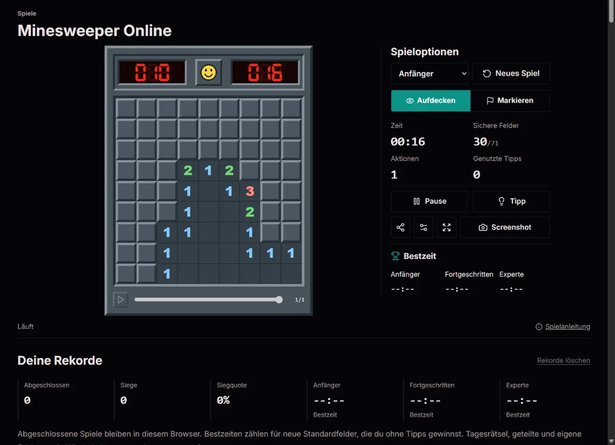Minesweeper-Anfängerfeld nach dem sicheren ersten Aufdecken