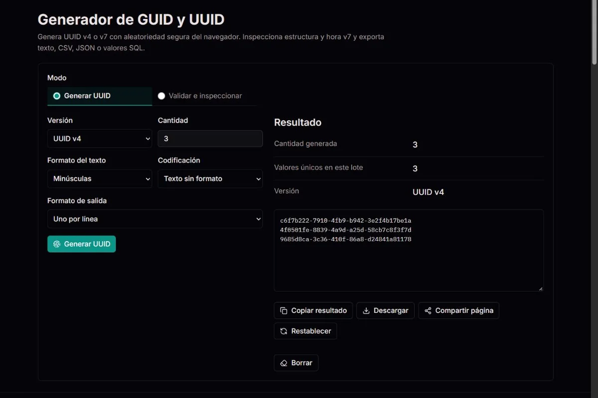 Lote de ejemplo con tres identificadores UUID v4