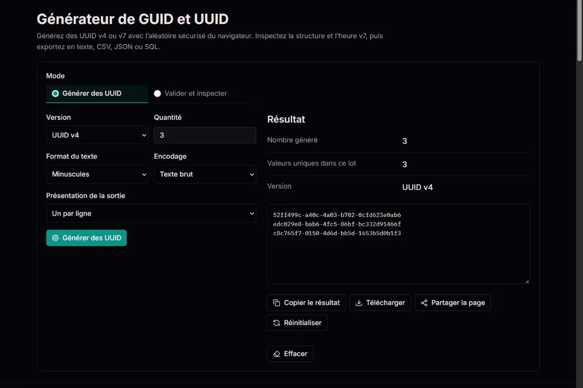 Exemple de lot de trois identifiants UUID v4