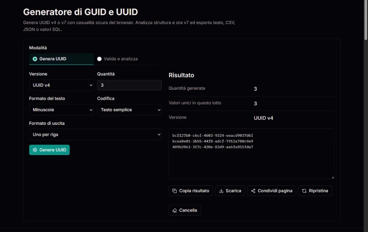 Lotto di esempio con tre identificatori UUID v4