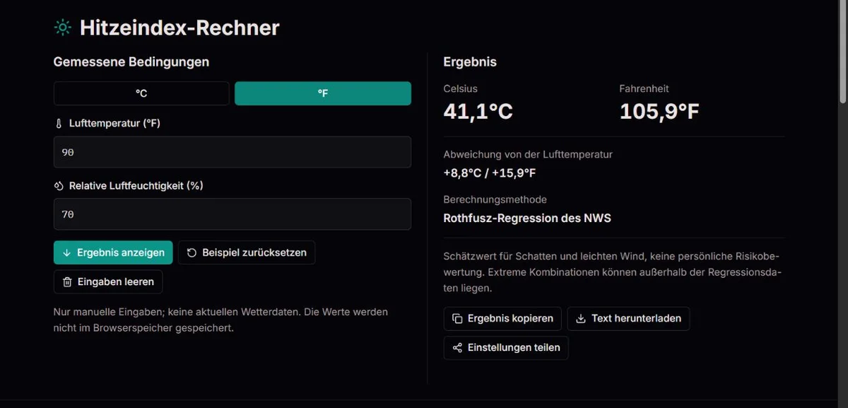 Hitzeindex-Beispiel bei 90°F und 70% relativer Luftfeuchtigkeit
