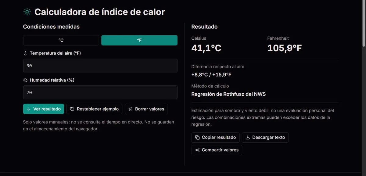 Ejemplo de índice de calor con 90°F y un 70% de humedad relativa