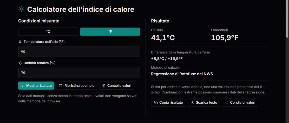 Esempio di indice di calore con 90°F e umidità relativa del 70%