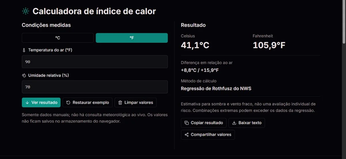 Exemplo de índice de calor com 90°F e 70% de umidade relativa