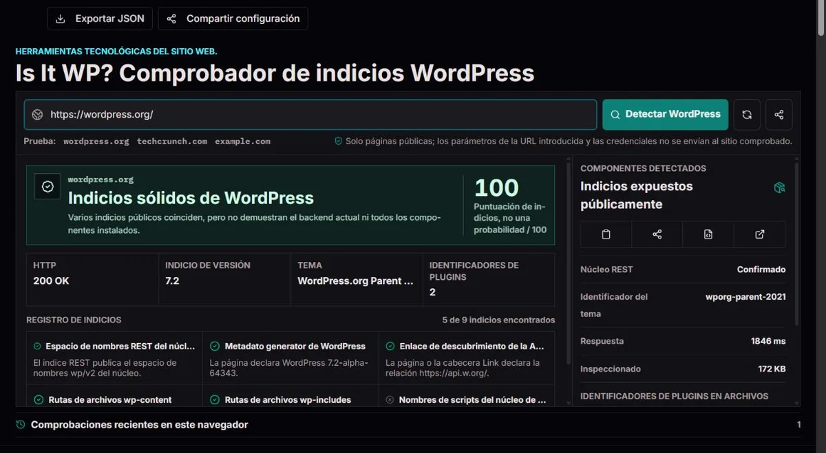 Informe de indicios WordPress para wordpress.org