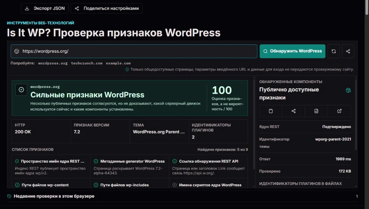 Отчёт о признаках WordPress для wordpress.org