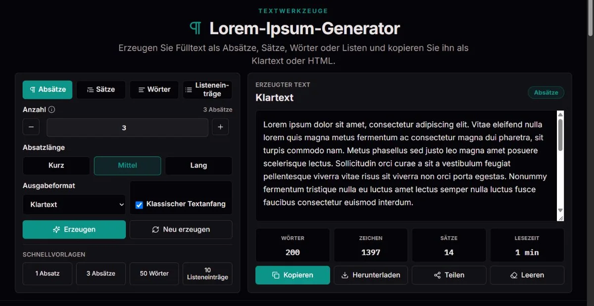 Erzeugte Lorem-Ipsum-Absätze mit Längen- und Ausgabeoptionen