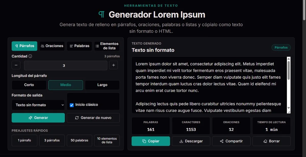 Párrafos Lorem Ipsum generados con ajustes de longitud y formato