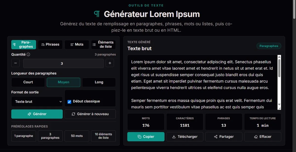 Paragraphes Lorem Ipsum générés avec réglages de longueur et de format