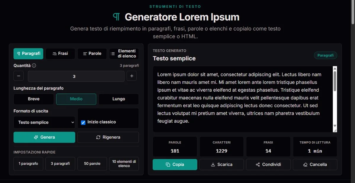 Paragrafi Lorem Ipsum generati con impostazioni di lunghezza e formato