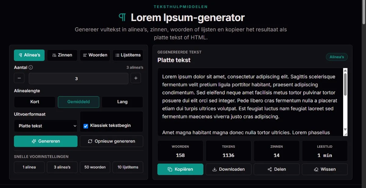 Gegenereerde Lorem Ipsum-alinea’s met lengte- en uitvoerinstellingen