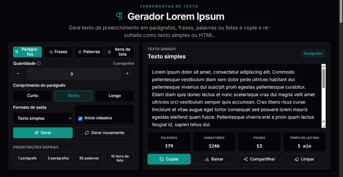 Parágrafos Lorem Ipsum gerados com ajustes de tamanho e formato