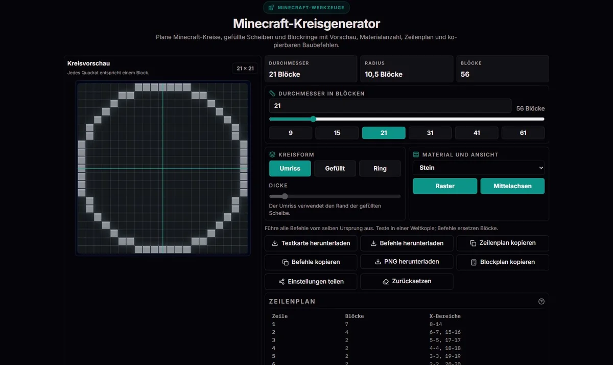 Minecraft-Kreisumriss im Raster mit 21 Blöcken Durchmesser