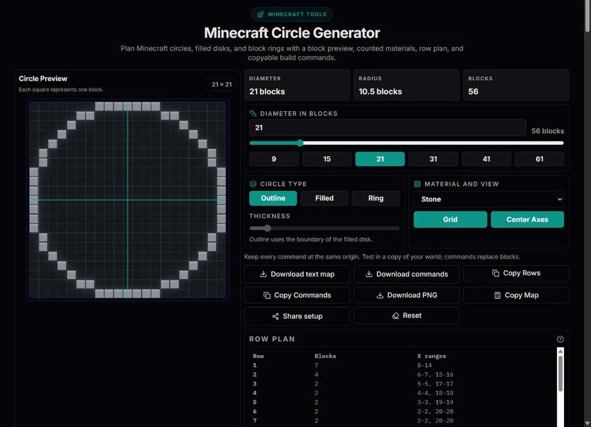 Outlined Minecraft circle on a 21-block-diameter grid