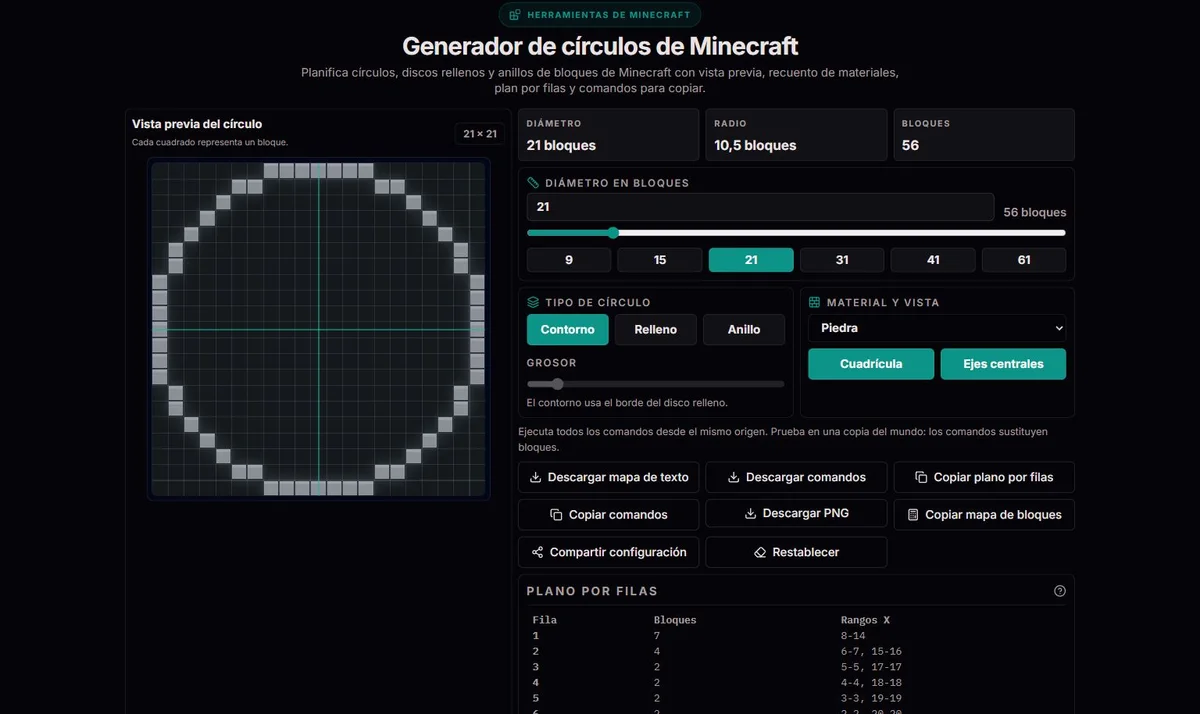Contorno de círculo Minecraft en una cuadrícula de 21 bloques de diámetro