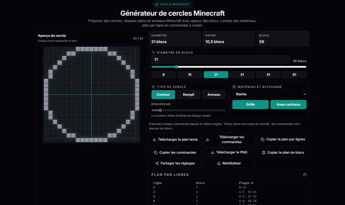 Contour de cercle Minecraft sur une grille de 21 blocs de diamètre
