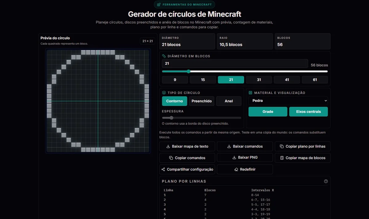 Contorno de círculo Minecraft em uma grade de 21 blocos de diâmetro