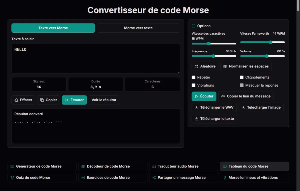 HELLO converti en groupes Morse distincts pour chaque lettre