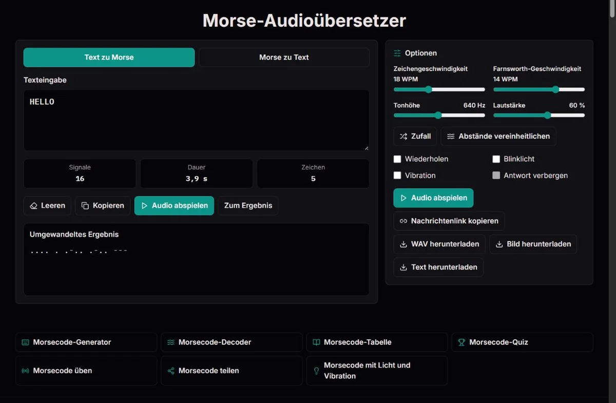Morse-Wiedergabe für HELLO mit Tempo, Abständen, Tonhöhe und Lautstärke