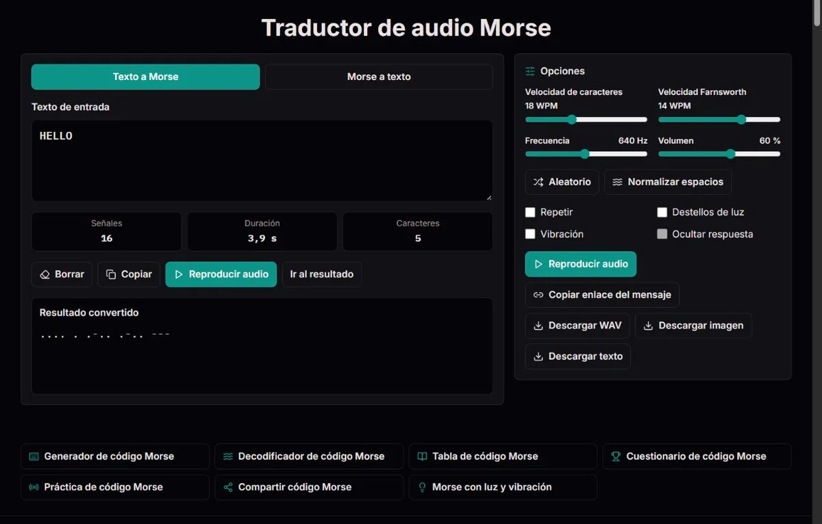 Ajustes de audio Morse para HELLO con velocidad, espaciado, tono y volumen