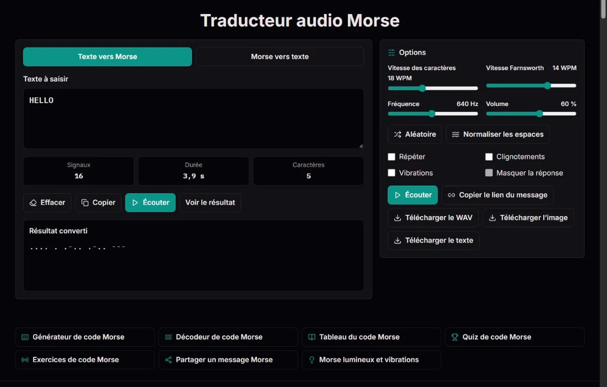 Réglages de lecture Morse de HELLO : vitesse, espacement, hauteur et volume