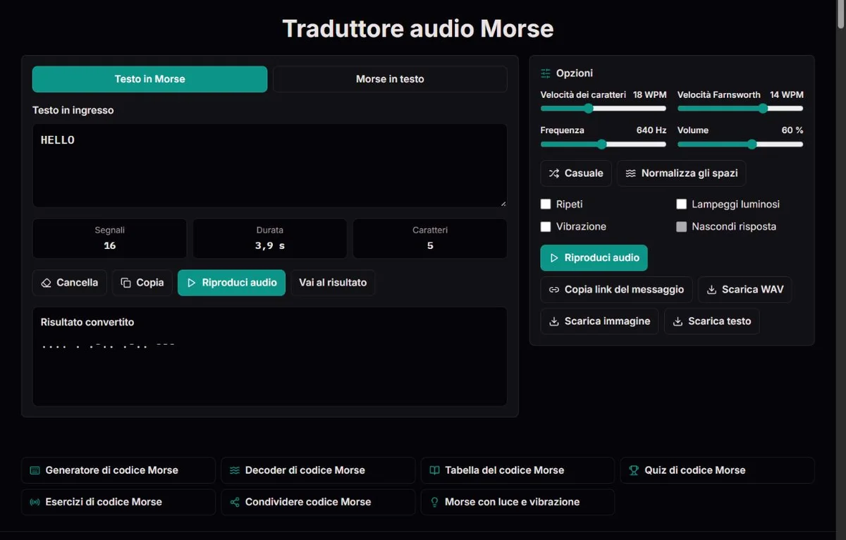 Impostazioni audio Morse per HELLO: velocità, spaziatura, tono e volume