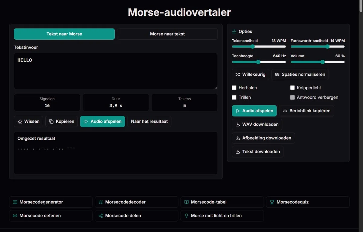 Morse-audio-instellingen voor HELLO met snelheid, spatiëring, toonhoogte en volume